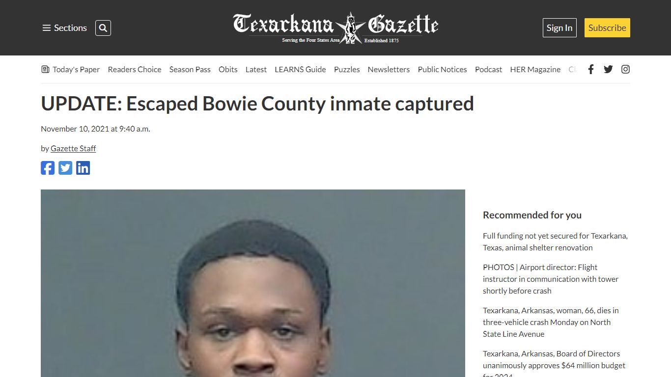 UPDATE: Escaped Bowie County inmate captured | Texarkana Gazette